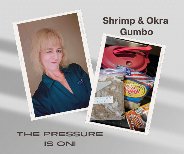 Picture collage - Lisa on one side and Gumbo ingredients on the other