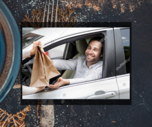 Man smiling while receiving a takeout bag through a car window — symbolizing quick, on-the-go meal fixes before discovering stress-free kitchen solutions.”
“The image captures the frustration of relying on takeout, setting up the story for how Lisa’s Chaos to Cozy Kitchen System helps busy families reclaim mealtime with quick, home-cooked alternatives.