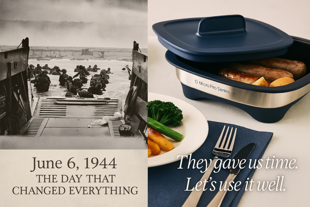 Split design D-Day image on left and MicroPro Grill on right