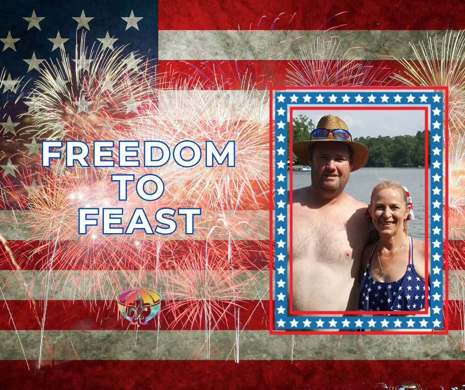 A picture of Lisa and Bubba in a patriotic frame over a flag background with the words Freedom To Feast in white