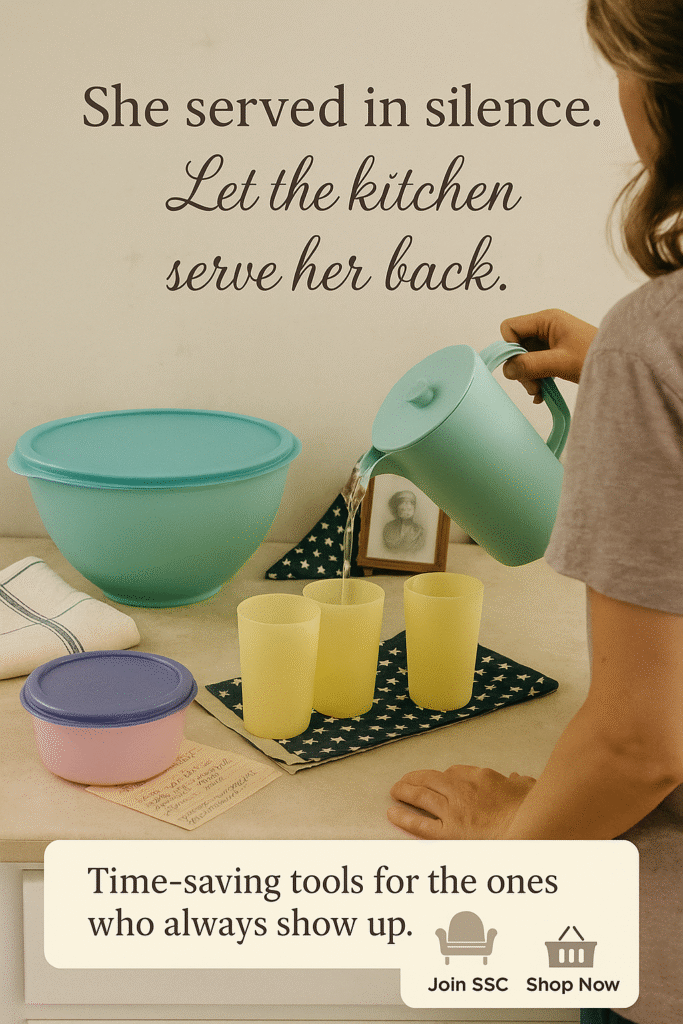 A soft-focus photo of a woman (civilian OR in service) with her back turned, pouring from the vintage pitcher into the tumblers—outdoors or in a calm kitchen setting