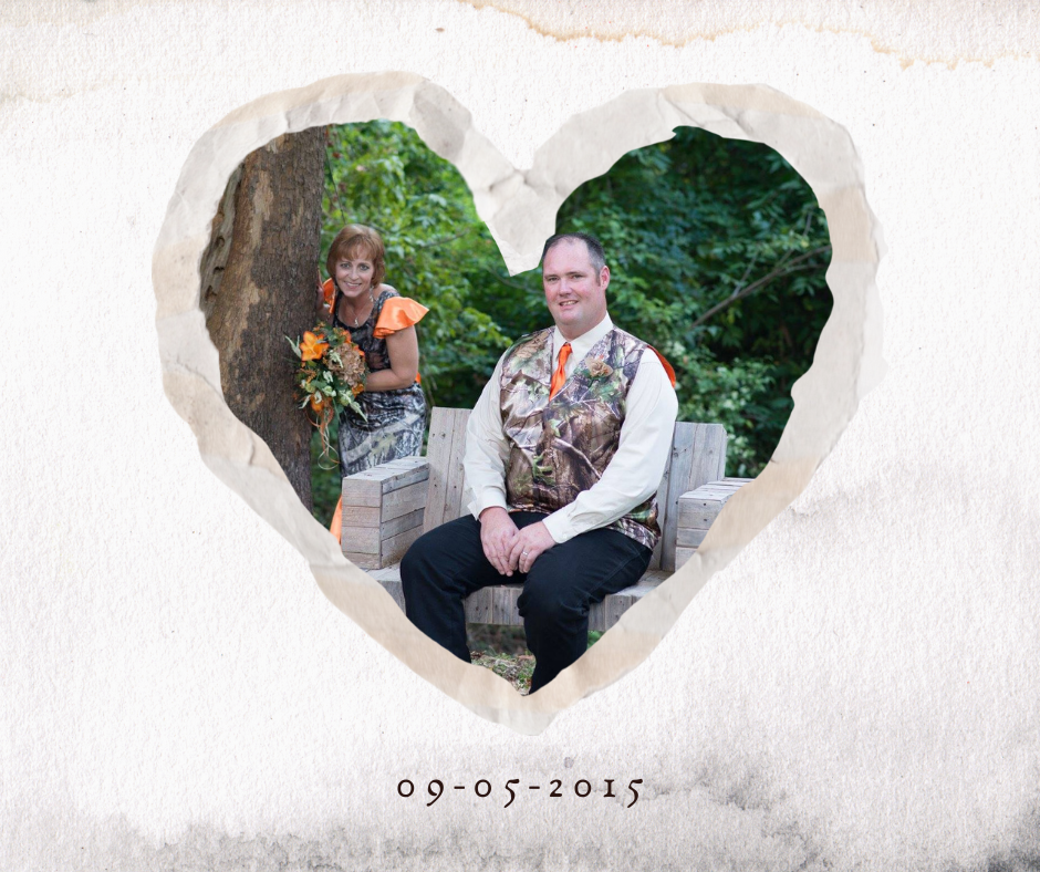 Wedding pic of Lisa and Bubba in a heart-shaped frame for Kitchen Wins On The Move blog post