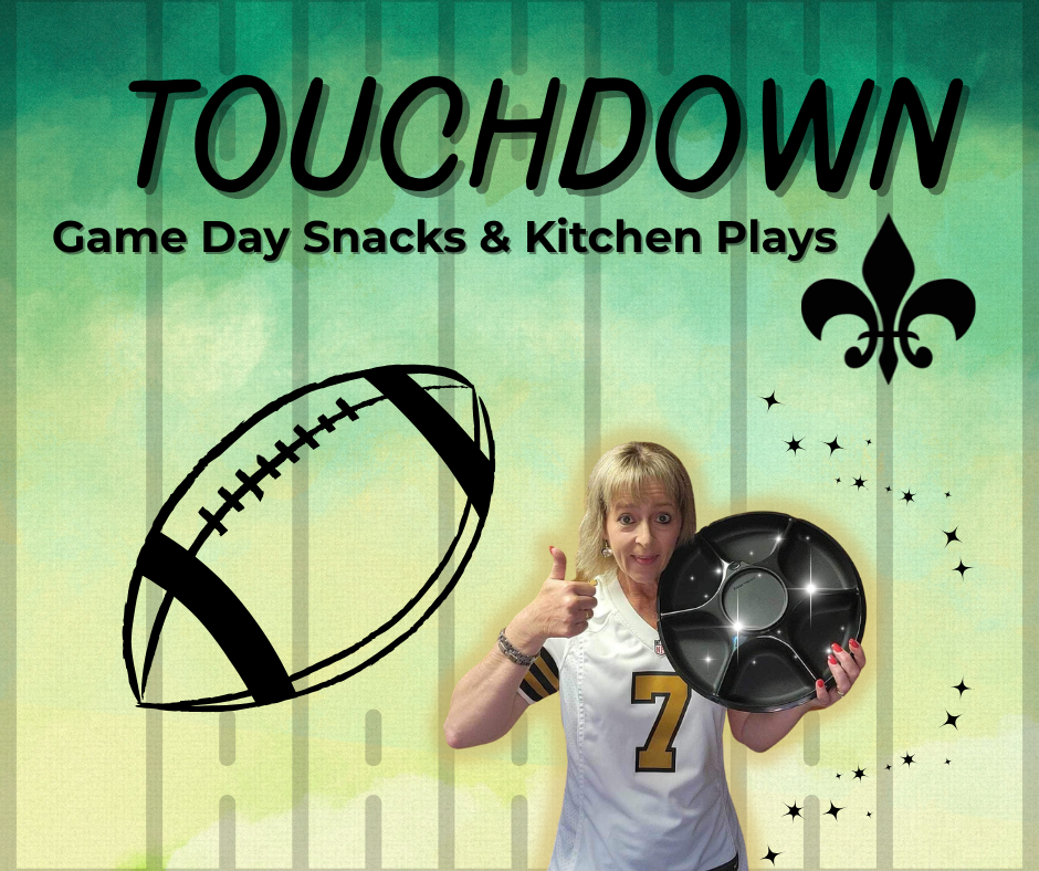 Lisa Cuevas giving a thumbs-up in her Saints jersey while holding the Tupperware Serving Center like a trophy, with a football field backdrop and the word “TOUCHDOWN” above — the perfect kickoff image for game day snacks and kitchen wins.