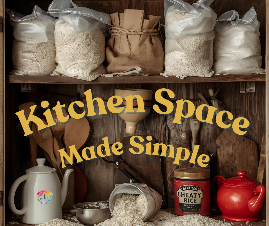 Rustic pantry shelf with bulk bags of rice, wooden spoons, and cookware, overlaid text reading Kitchen Space Made Simple.