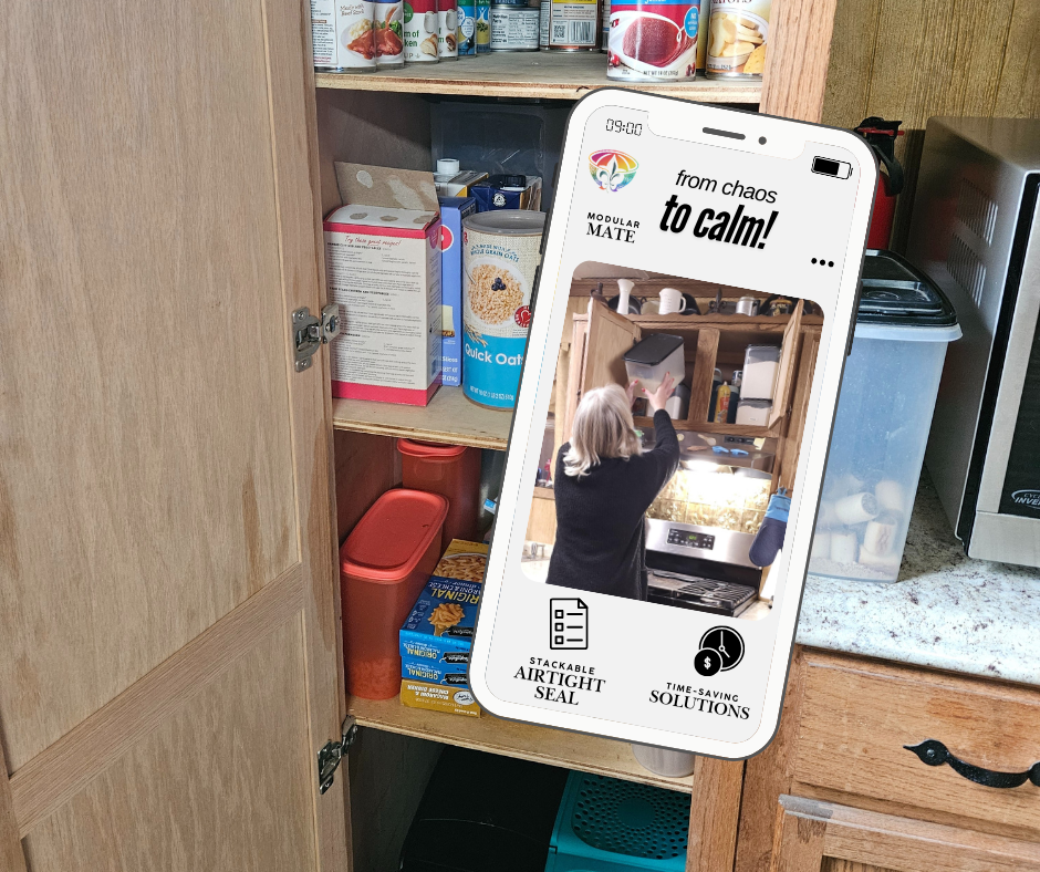 Versatile stackable storage containers organized with snacks and dry goods in a kitchen.