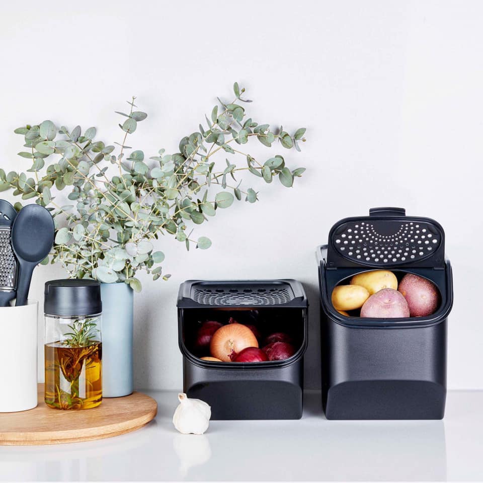 Tupperware Smart Storage containers keeping onions, potatoes, and garlic fresh.