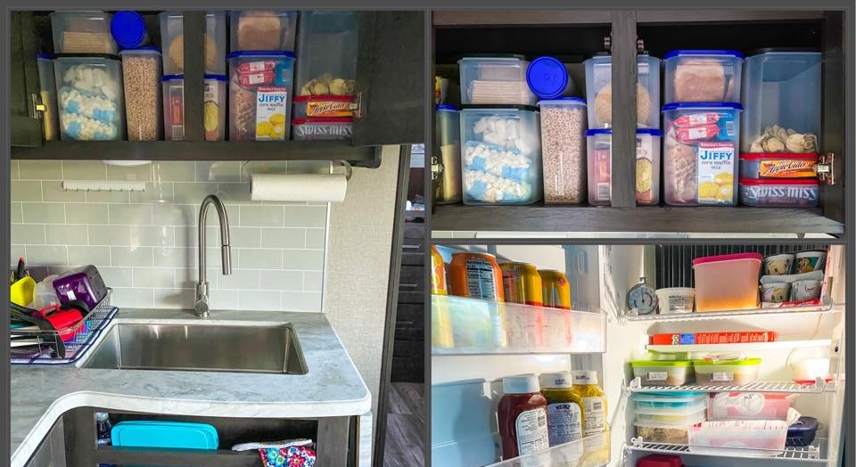 Compact RV pantry with labeled airtight containers maximizing limited cabinet space.

A travel-friendly pantry setup demonstrating that organization isn’t just for big kitchens — even a small RV can stay tidy with smart Tupperware stacking.