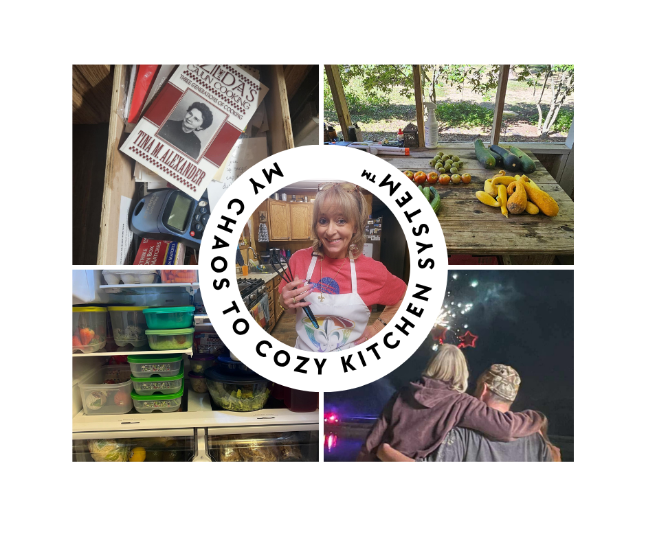 A collage representing Lisa’s Chaos to Cozy Kitchen System™, featuring a vintage cookbook and tools for “Prep with Purpose,” a table of fresh garden vegetables for “Store What Serves You,” neatly organized FridgeSmart containers for “Clear the Chaos,” and Lisa with Bubba under fireworks for “Savor the Simplicity,” centered around Lisa smiling in her kitchen holding a spoon.