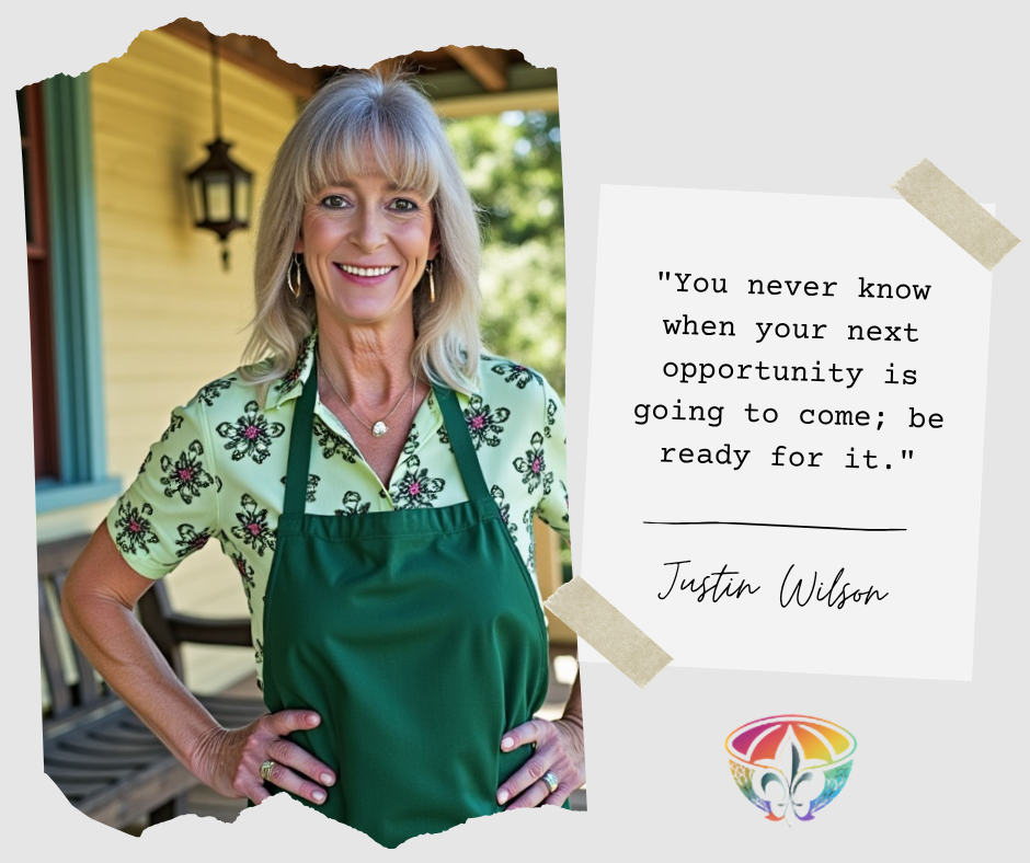 Lisa Cuevas, founder of Your Bowl Connection, standing in a green apron on her porch, welcoming readers into her kitchen space.