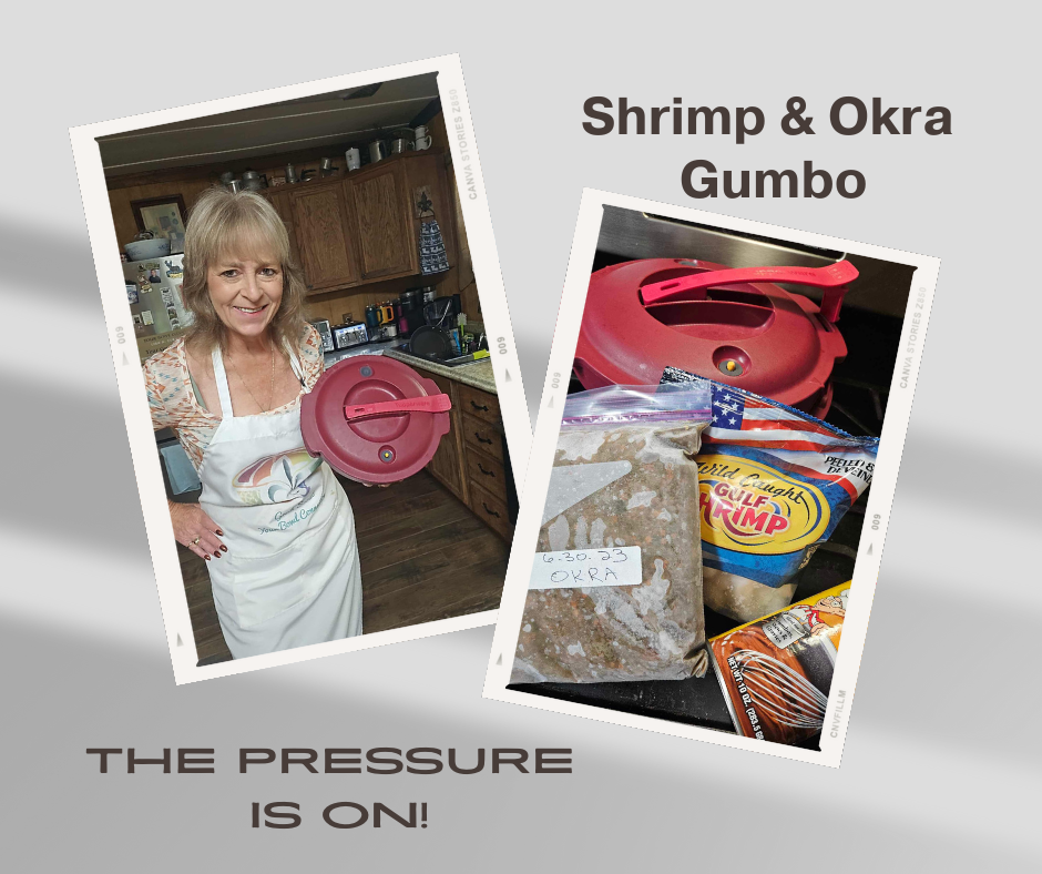 Woman in kitchen holding Tupperware Pressure Cooker beside shrimp and okra gumbo ingredients on counter with the caption ‘The Pressure Is On!’”

Lisa in an apron stands in her kitchen holding a red Tupperware Pressure Cooker. Next to her, a collage image shows frozen shrimp and okra gumbo ingredients beside the same pressure cooker. The background includes the text “The Pressure Is On!” — highlighting quick, flavorful Cajun meals made simple with Tupperware.