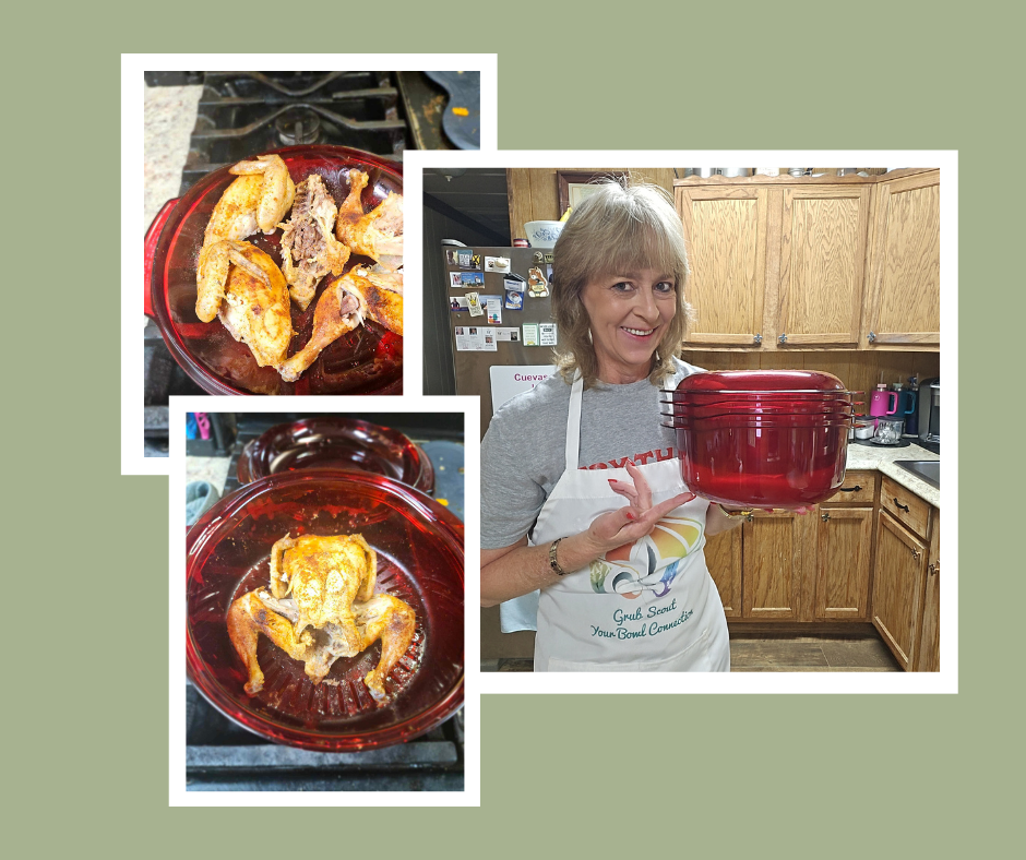 Lisa holding her Tupperware Stack Cooker beside layers of roasted Cornish Hen — a time-saving microwave system for quick Cajun comfort meals.