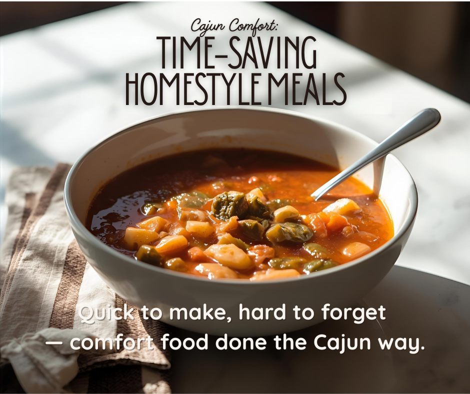 Bowl of Cajun homestyle soup with spoon on a sunlit table — cozy, time-saving meal that captures Cajun comfort at home