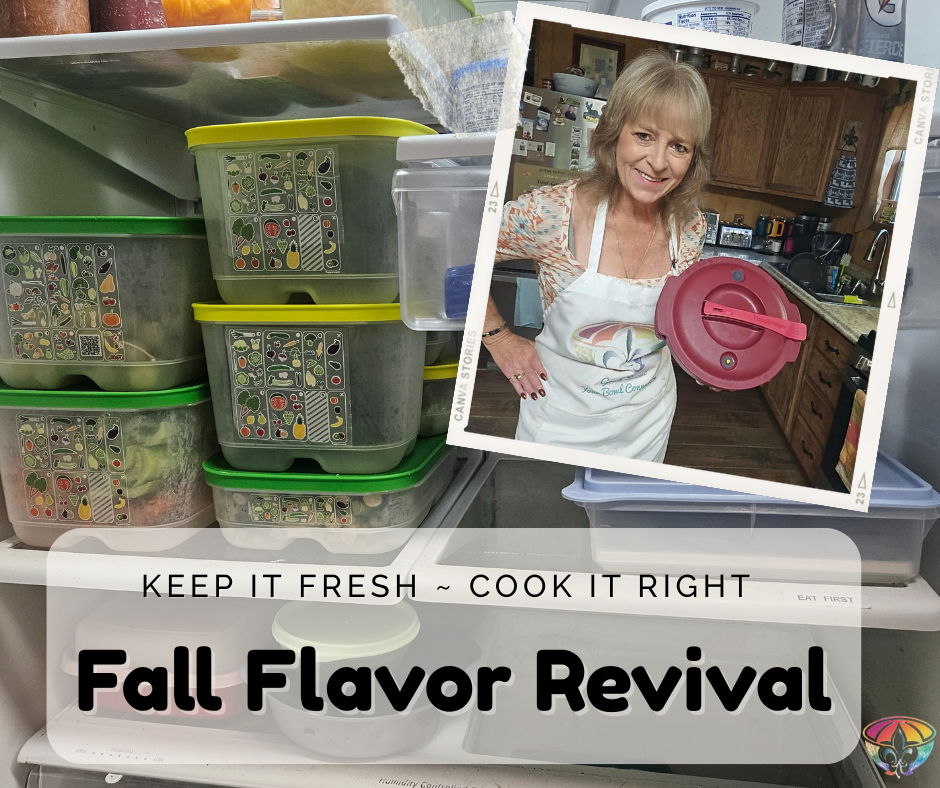 Lisa Cuevas showcasing Tupperware FridgeSmart and Pressure Cooker ~ time-saving, eco-friendly tools to keep fall flavors fresh and cooked right.