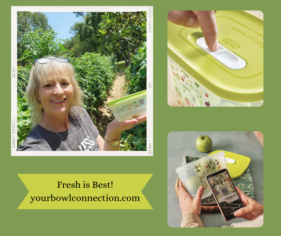 Woman smiling while holding a Tupperware FridgeSmart container in a sunny garden, alongside close-up images showing the venting lid and QR code for produce storage tips.”

A collage featuring Lisa holding a Tupperware FridgeSmart container in a lush garden, demonstrating the product’s use for keeping produce fresh. The side images show the adjustable vent system and a person scanning the QR code for storage guidance. Banner text reads “Fresh is Best! yourbowlconnection.com.