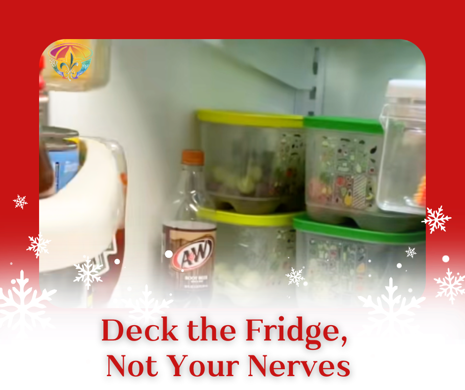 Inside of a real-life fridge with Tupperware FridgeSmart containers and a bottle of root beer, framed in red with snowflakes. Deck the Fridge, Not Your Nerves as part of Lisa's Chaos to Cozy Kitchen System