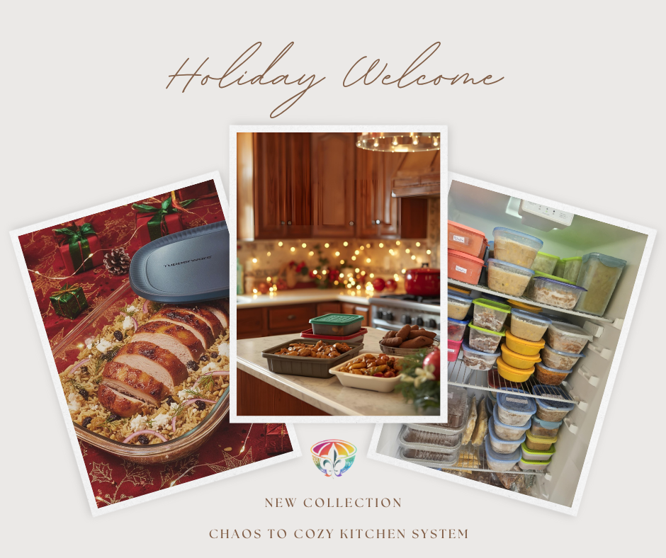 Holiday collage featuring Voila bakeware with a roasted meal, a cozy kitchen with bakeware on the counter, and a freezer stocked with FreezerMates meal-prep containers under the text ‘Holiday Welcome.’