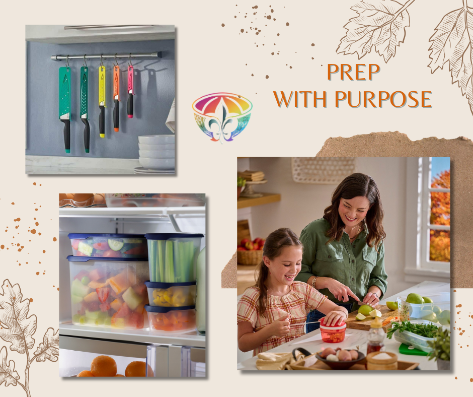 Tupperware Amazing Knives hanging neatly beside a fridge organized with One Touch Fresh containers filled with colorful produce, while a mother and daughter prep together at the counter — showcasing purposeful prep and family connection from the Chaos to Cozy Kitchen System™.