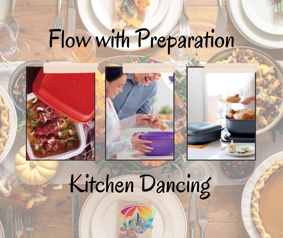 Collage showing Season Serve Container, Fix ’N Mix Bowl, and UltraPro Ovenware — the tools behind Flow with Preparation in a cozy Cajun kitchen.