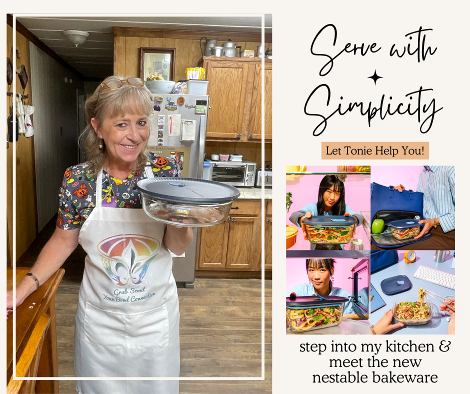 Lisa in her cozy Cajun kitchen holding Voila bakeware, paired with lifestyle photos of Tupperware’s new nestable baking dishes.