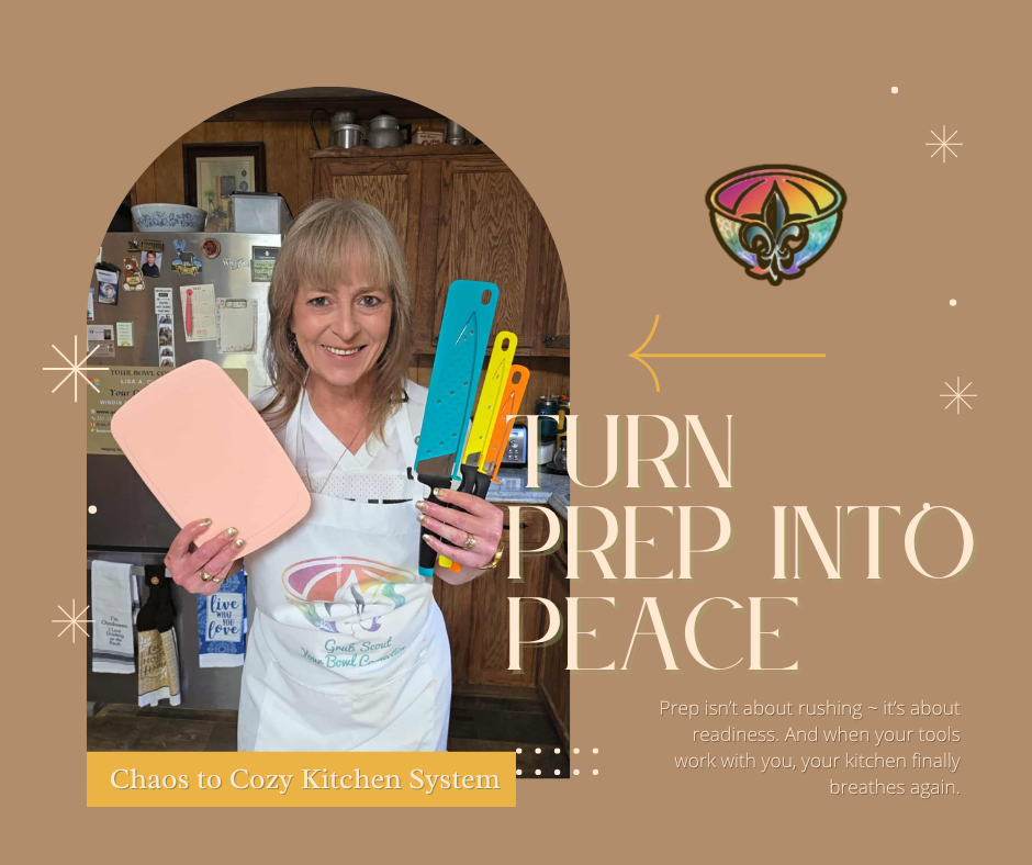 Lisa from Your Bowl Connection smiling in her kitchen holding Tupperware Amazing Knives and a cutting board, representing purposeful prep and calm control from the Chaos to Cozy Kitchen System™.