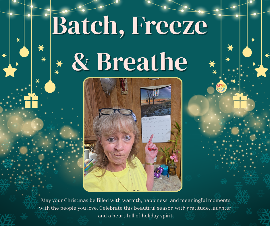 Lisa pointing at a December calendar with a playful, overwhelmed expression on a festive Batch, Freeze & Breathe holiday-themed blog header design.