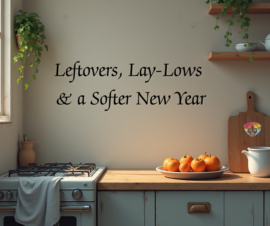 Small, cozy kitchen with soft winter light and simple countertops, featuring the text “Leftovers, Lay-Lows & a Softer New Year