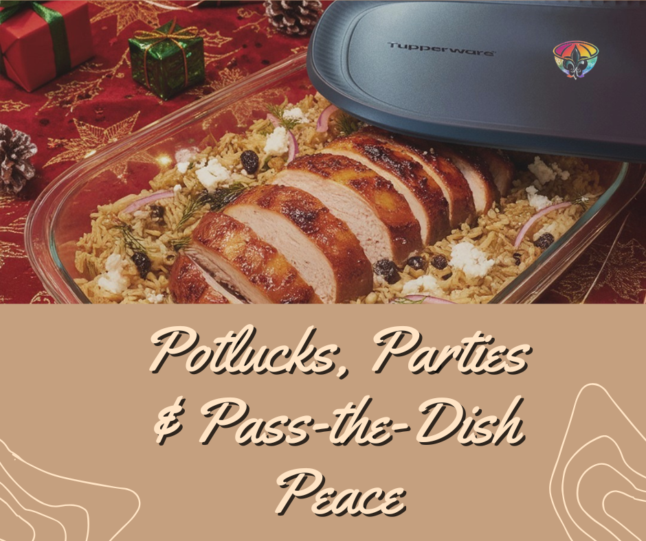 Covered Tupperware dish with sliced holiday roast on a festive table, representing stress-free potlucks and pass-the-dish peace.
