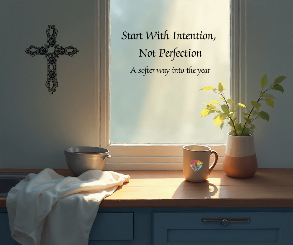 Cozy kitchen counter in soft morning light with a coffee mug and simple decor, representing a calm, intentional start to the year with the Chaos to Cozy Kitchen System™.