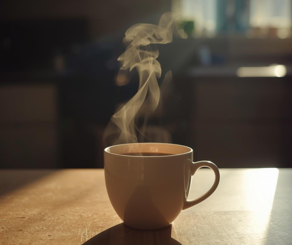Steaming cup of coffee resting on a kitchen counter in soft morning light, creating a calm and quiet atmosphere