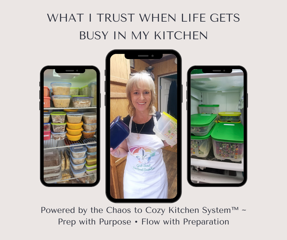 Image of Lisa holding Tupperware containers, surrounded by phone-frame photos of a stocked freezer and organized containers.