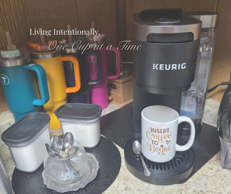 Cozy real-life coffee station in a Cajun kitchen reflecting the Chaos to Cozy Kitchen System™ and intentional living routines