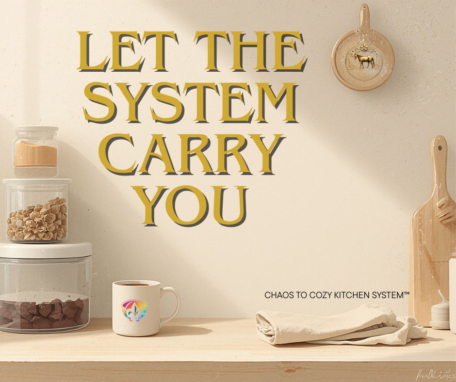 Chaos to Cozy Kitchen System™ blog header showing a calm, lived-in Cajun kitchen with food storage containers, a coffee mug, folded kitchen towel, and the words “Let the system carry you,” representing supportive kitchen routines on a messy day.