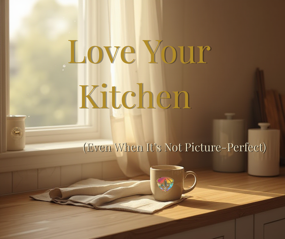 Warm morning light fills a lived-in kitchen with a wooden countertop, a folded dish towel, and a coffee mug by the window ~ a calm, welcoming space that reflects the Chaos to Cozy Kitchen System and loving your kitchen even when it isn’t picture-perfect.