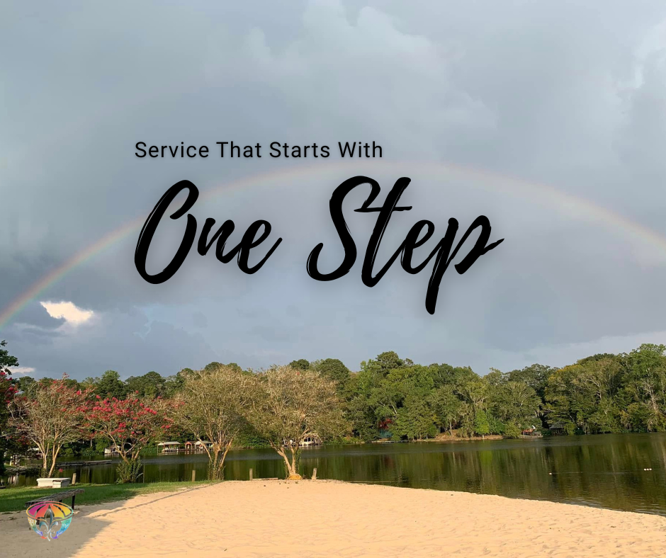 Lake Rosemound in St. Francisville, Louisiana with a rainbow over calm water and sandy beach, symbolizing steady service and one intentional step within the Chaos to Cozy Kitchen System™.