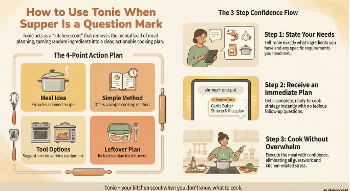 Infographic titled “How to Use Tonie When Supper Is a Question Mark,” showing a 4-point action plan (meal idea, simple method, tool options, leftover plan) and a 3-step confidence flow for using Tonie inside the Chowline email club.