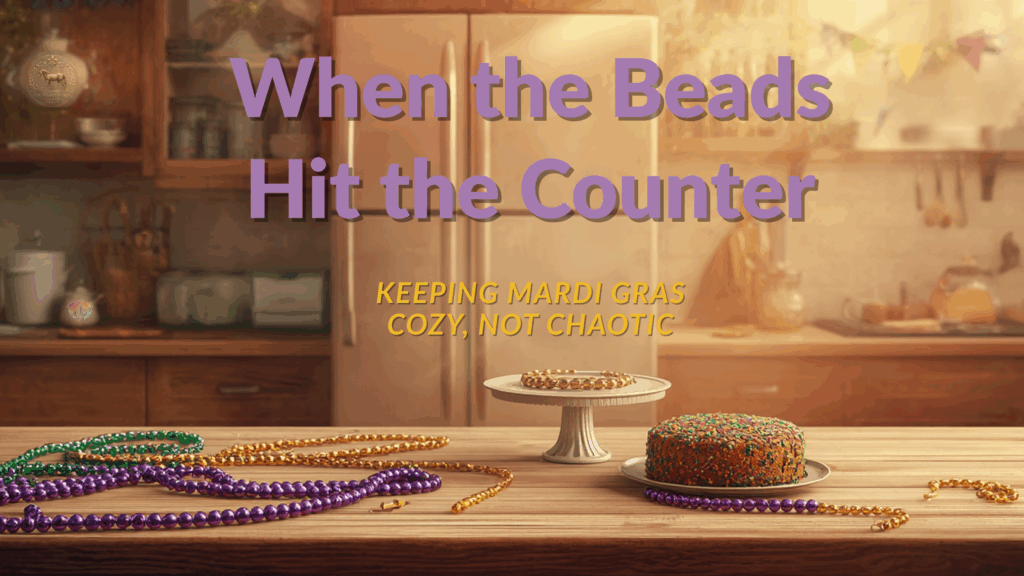 Warm Louisiana kitchen scene during Mardi Gras week with purple, green, and gold beads spread across a wooden counter beside a king cake on a stand. Overlaid text reads “When the Beads Hit the Counter – Keeping Mardi Gras Cozy, Not Chaotic,” reflecting Lisa’s Chaos to Cozy Kitchen System™ approach to calm kitchen organization during celebrations.