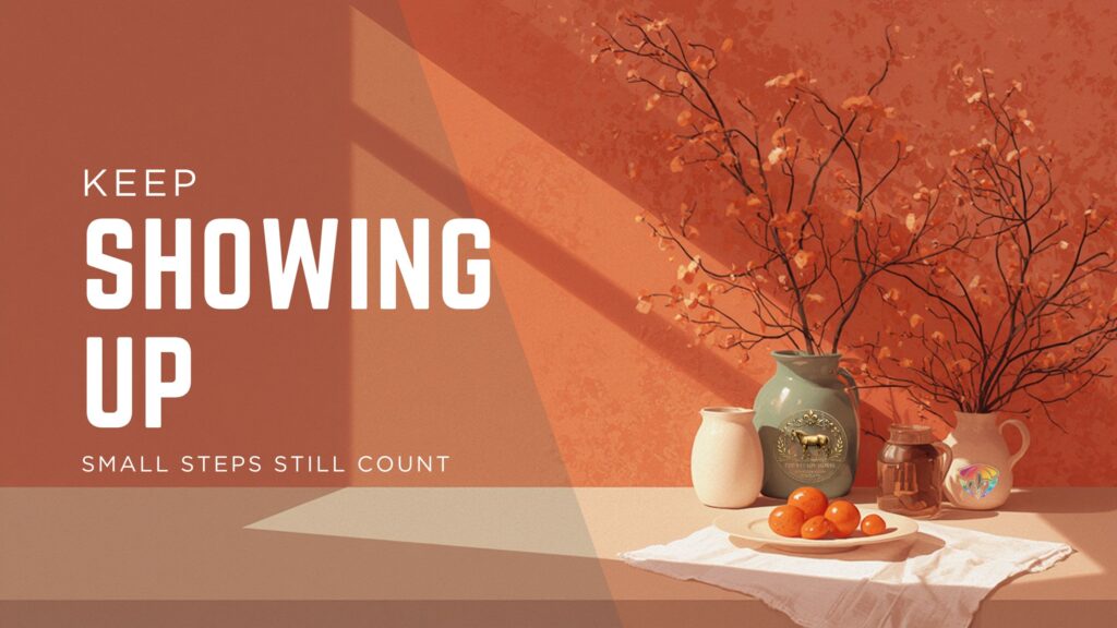 Warm Cajun kitchen scene with a simple meal on the counter, sunlight through the window, and a feeling of quiet persistence in a lived-in home kitchen reflecting the Chaos to Cozy Kitchen System™