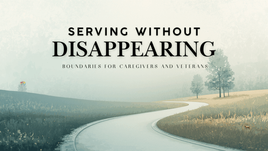 Blog header for “Serving Without Disappearing: Boundaries for Caregivers and Veterans” showing a winding road through a calm Louisiana landscape symbolizing steady service and personal boundaries.
