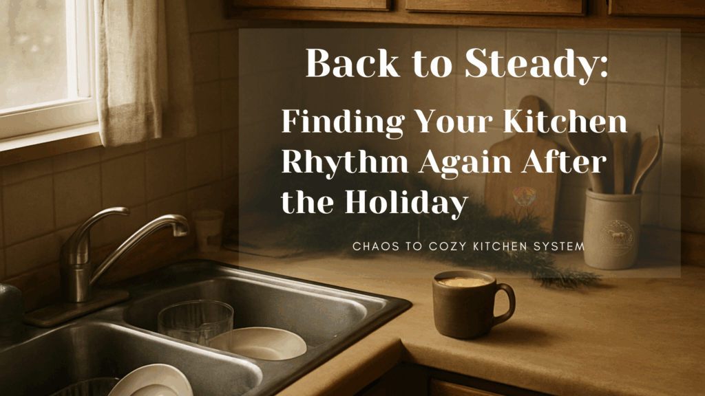 Calm, lived-in kitchen with soft morning light, a few dishes in the sink, and a cozy, real-life reset feeling after the holidays