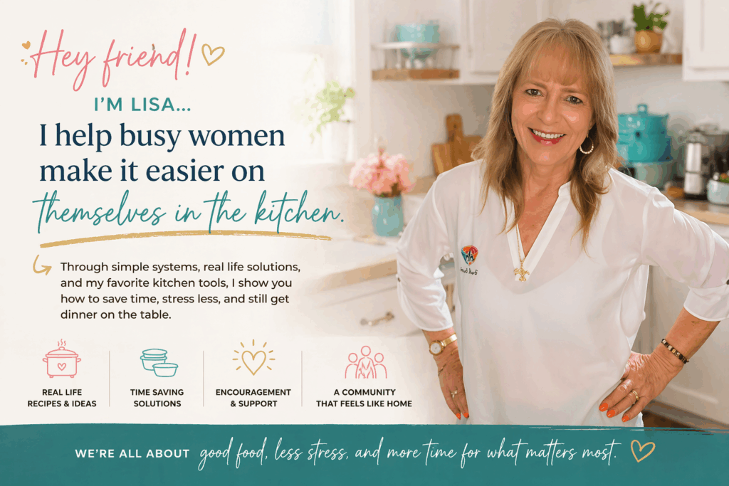 Lisa smiling in a bright kitchen with text about helping busy women save time, reduce stress, and simplify everyday cooking with practical systems and tools.