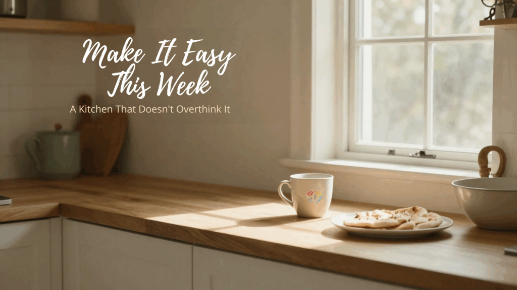 Sunlit home kitchen counter with a coffee mug and plate of flatbread near a window, with text reading “Make It Easy This Week – A Kitchen That Doesn’t Overthink It,” creating a calm, cozy atmosphere.