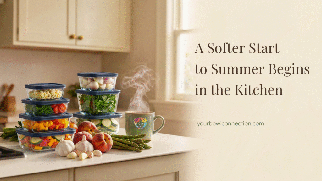 Cozy kitchen counter with freezer containers, summer produce, and coffee, representing a softer start to summer through simple kitchen routines.