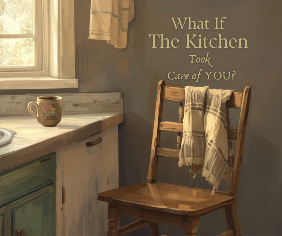 Softly lit cozy kitchen with a wooden chair draped in kitchen towels beside a coffee mug near a window, featuring the text “What If The Kitchen Took Care of YOU?” in a calm and comforting atmosphere.