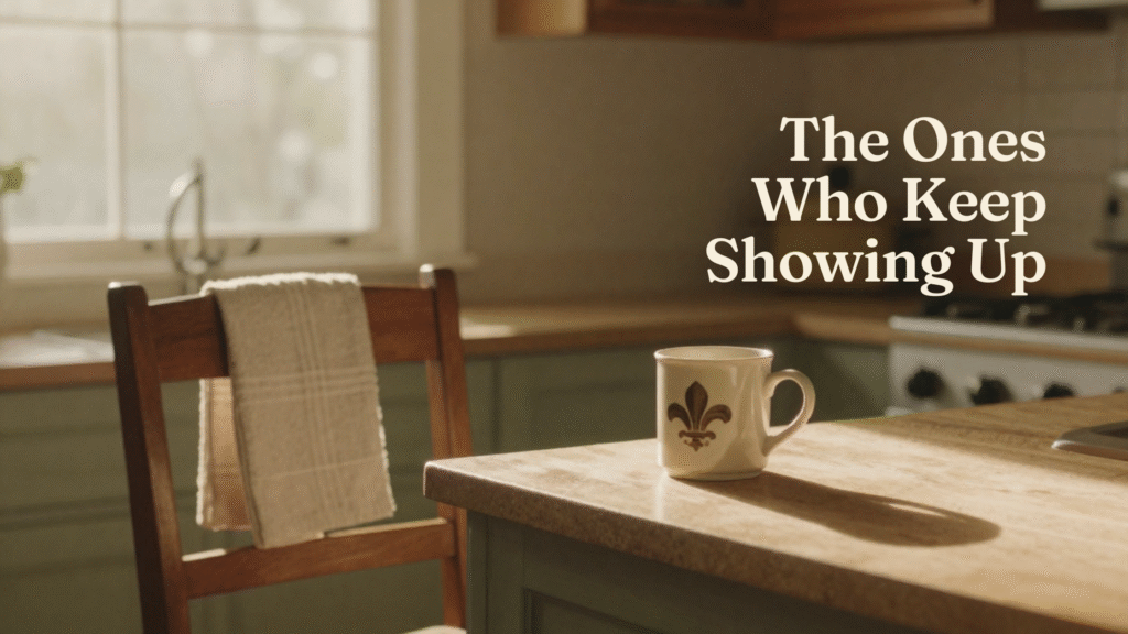 Warm cozy kitchen with a wooden chair draped in a dish towel beside a coffee mug on the counter, featuring the text “The Ones Who Keep Showing Up” in soft natural light.
