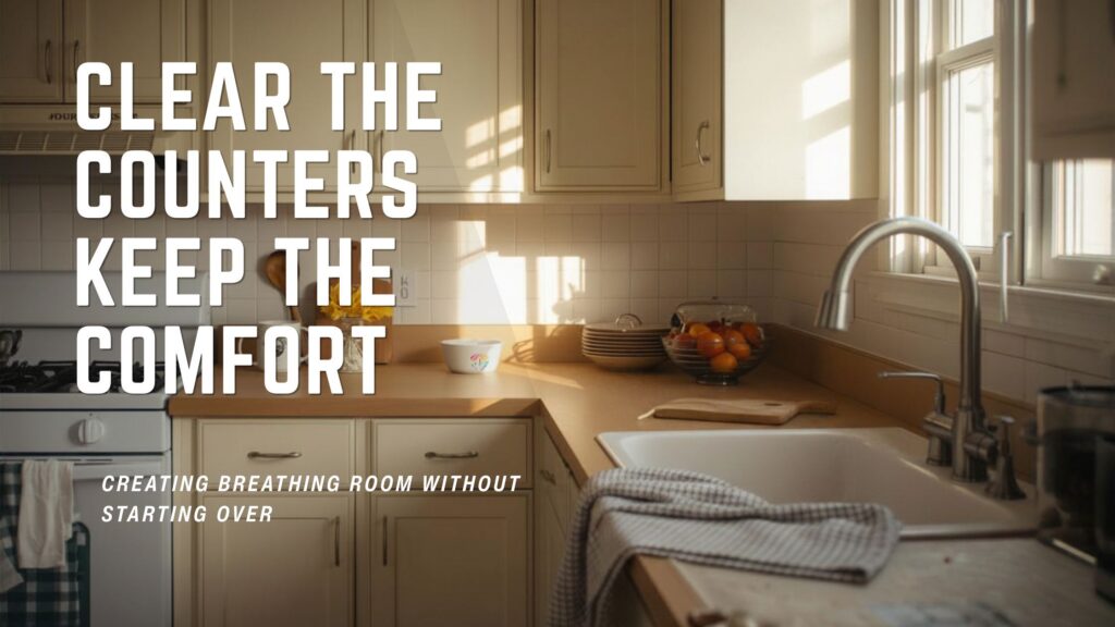 Warm morning light fills a calm, lived-in kitchen with cream cabinets, wood countertops, and brushed nickel fixtures. The counters are mostly clear with a few everyday touches including stacked dishes, a bowl of fruit, wooden utensils, and a folded kitchen towel near the sink. Large overlay text reads: “Clear the Counters Keep the Comfort” with the subtitle “Creating Breathing Room Without Starting Over.” The image conveys comfort, simplicity, and a realistic approach to creating a calmer kitchen.