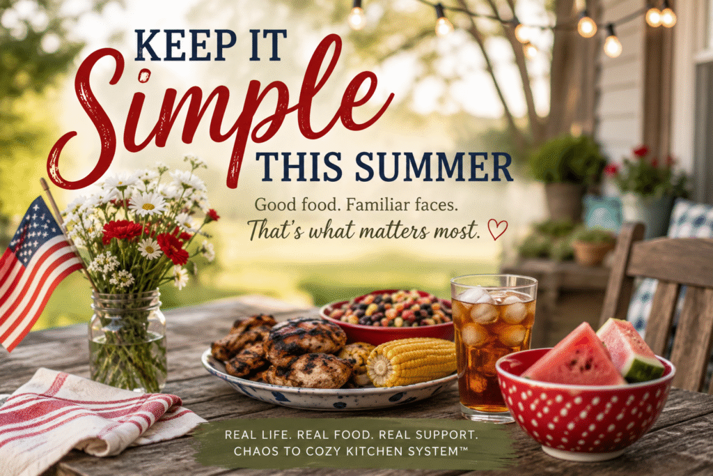 A rustic wooden table sits in a backyard at sunset with grilled chicken, corn on the cob, watermelon, iced tea, and fresh flowers beside a small American flag. String lights glow overhead while children play in the distance, capturing the warmth of a simple summer gathering. The header reads, "Keep It Simple This Summer," reinforcing the idea that good food, familiar faces, and time together matter more than an elaborate celebration.