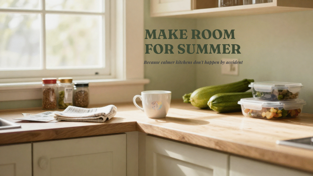 Warm Louisiana kitchen counter with fresh zucchini, prepared meals in containers, and a coffee mug beside the headline "Make Room for Summer" in soft morning light.