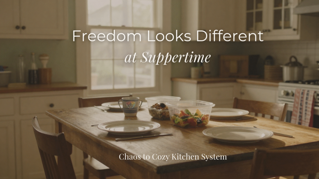A cozy summer kitchen table with simple supper dishes, leftovers in containers, and soft evening light, representing freedom from supper stress.