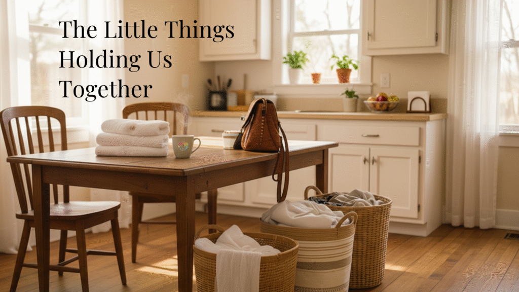 A warm kitchen with a steaming coffee cup, folded bath towels, a purse on the table, and laundry baskets nearby, creating a cozy feeling of coming home.