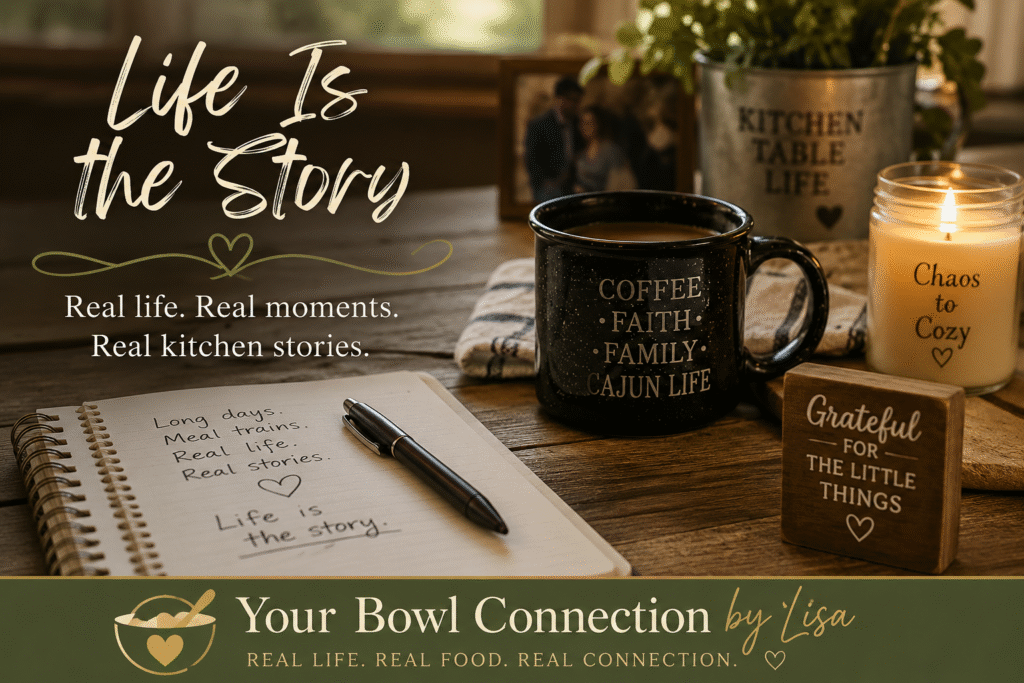 Your Bowl Connection blog header featuring a warm kitchen table with coffee, a notebook, candlelight, and the message "Life Is the Story," celebrating real life, family, and everyday kitchen moments.